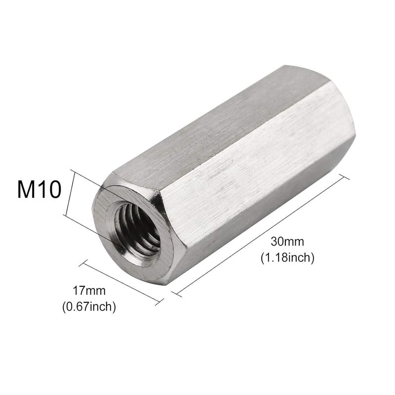 TOPPROS Pack of4 M10 X 1.5-Pitch 30 mm Length Hex Width17mm Metric Hex Coupling Nut 304 Stainless Steel Rod Coupling Nuts - Image 4